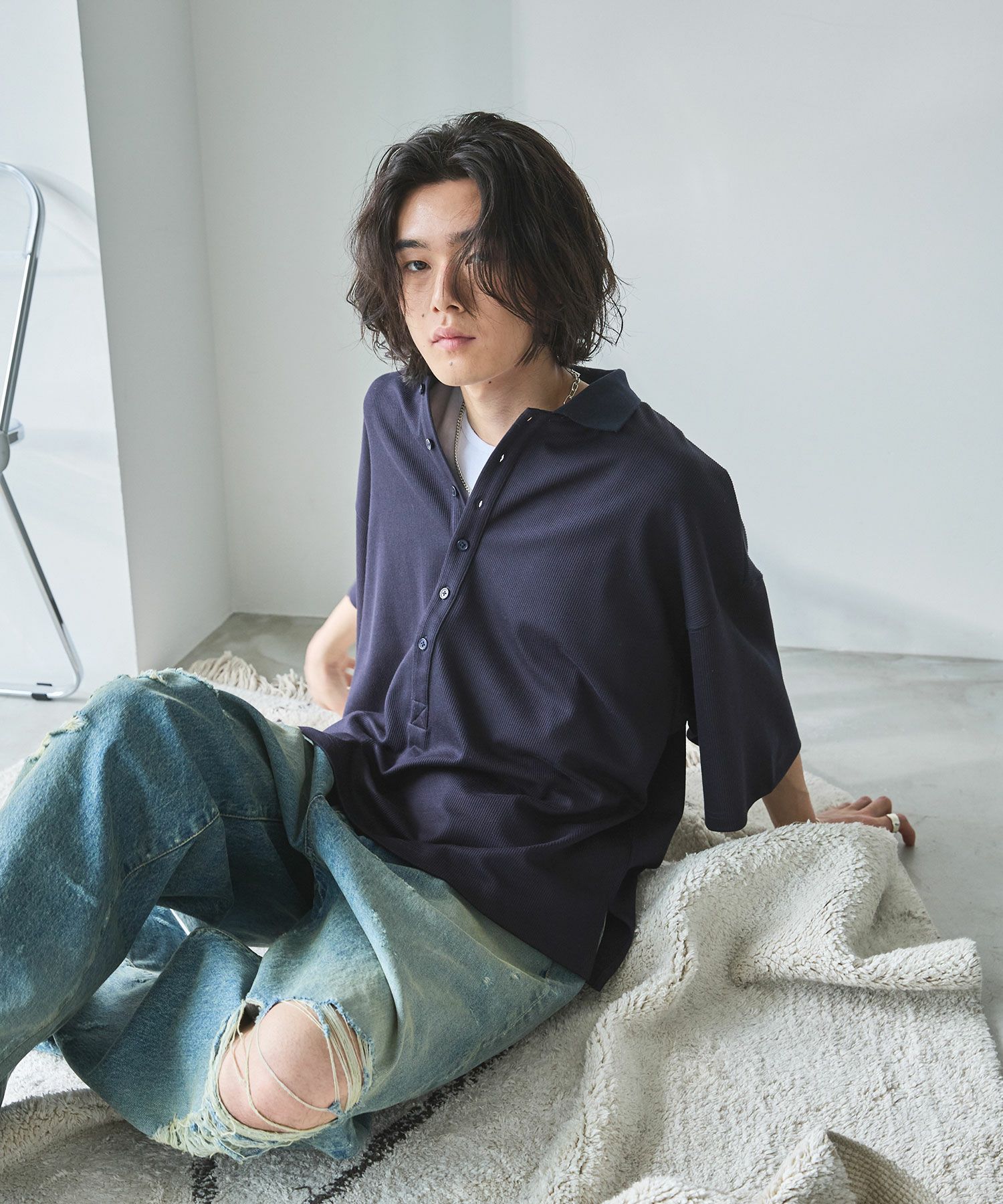 OPENING ACT]ヘンリーネックハーフスリーブビッグポロシャツ | OPENING ACT