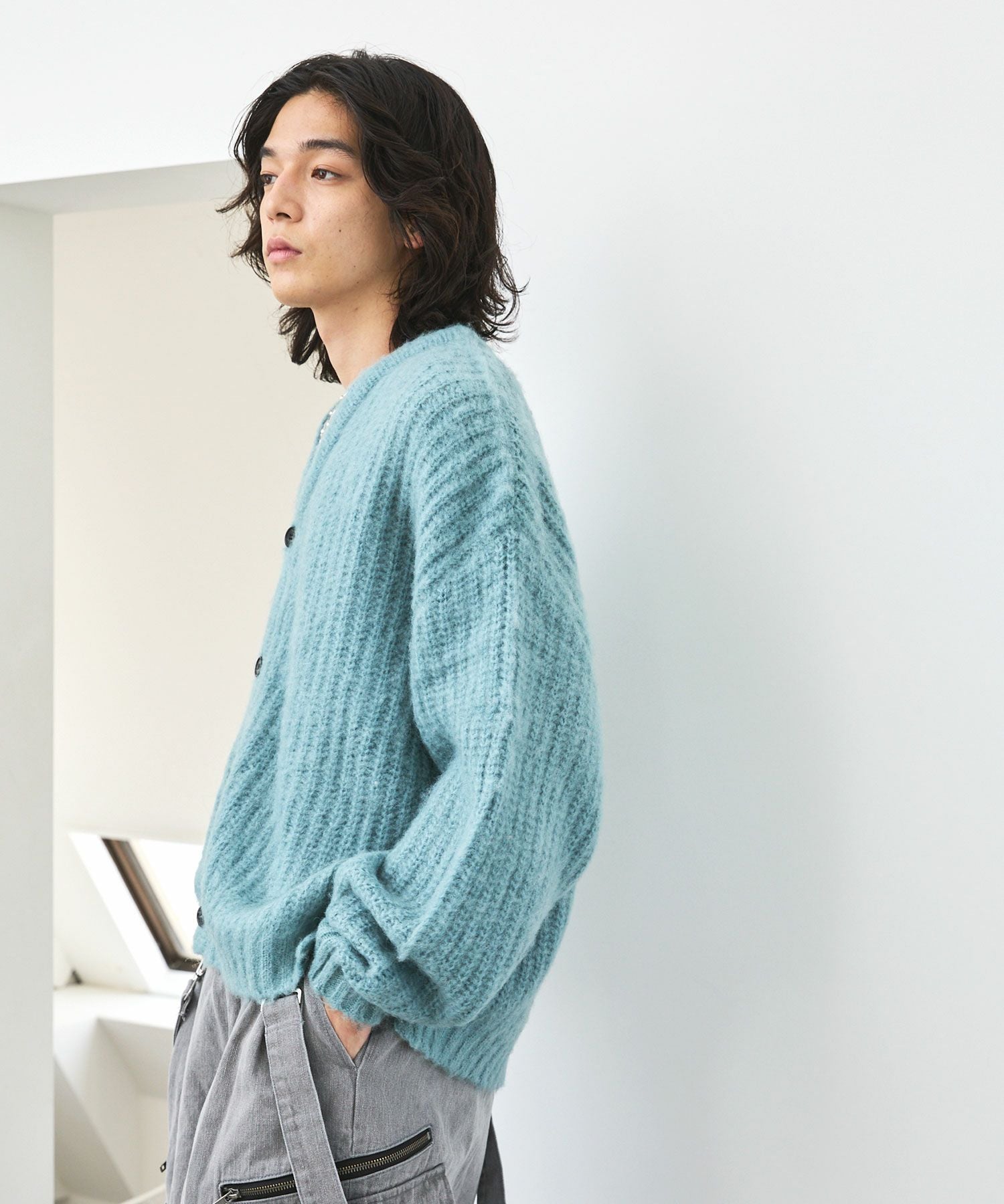 1 sono ブルー　ノーブリィ　異素材　ハイブリッド　カーディガン Sono - 1 sono ブルー ノーブリィ 異素材 ハイブリッド カーディガンの