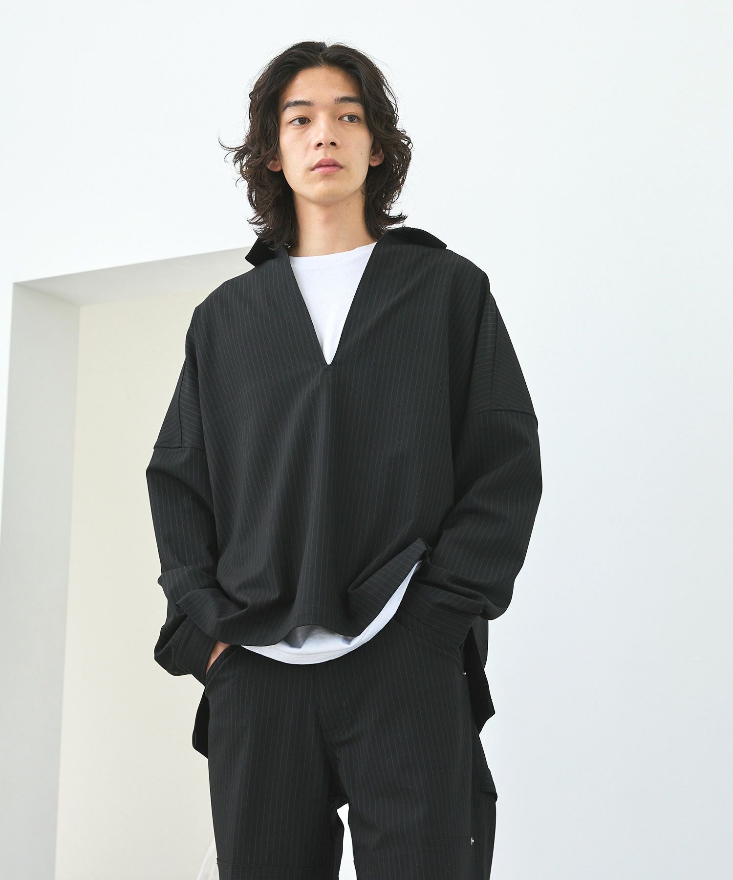 【ブラック】【セットアップ対応】キュプラストライプスキッパーシャツ ABAHOUSE（アバハウス） シャツ サッカーストライプ スキッパーシャツ