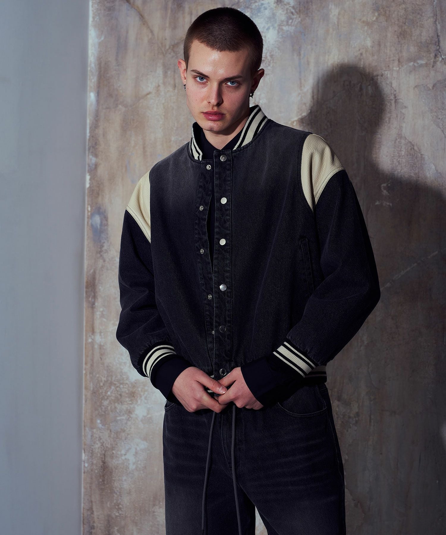 A Good Bad Influence] DENIM VARSITY JACKET | OPENING ACT