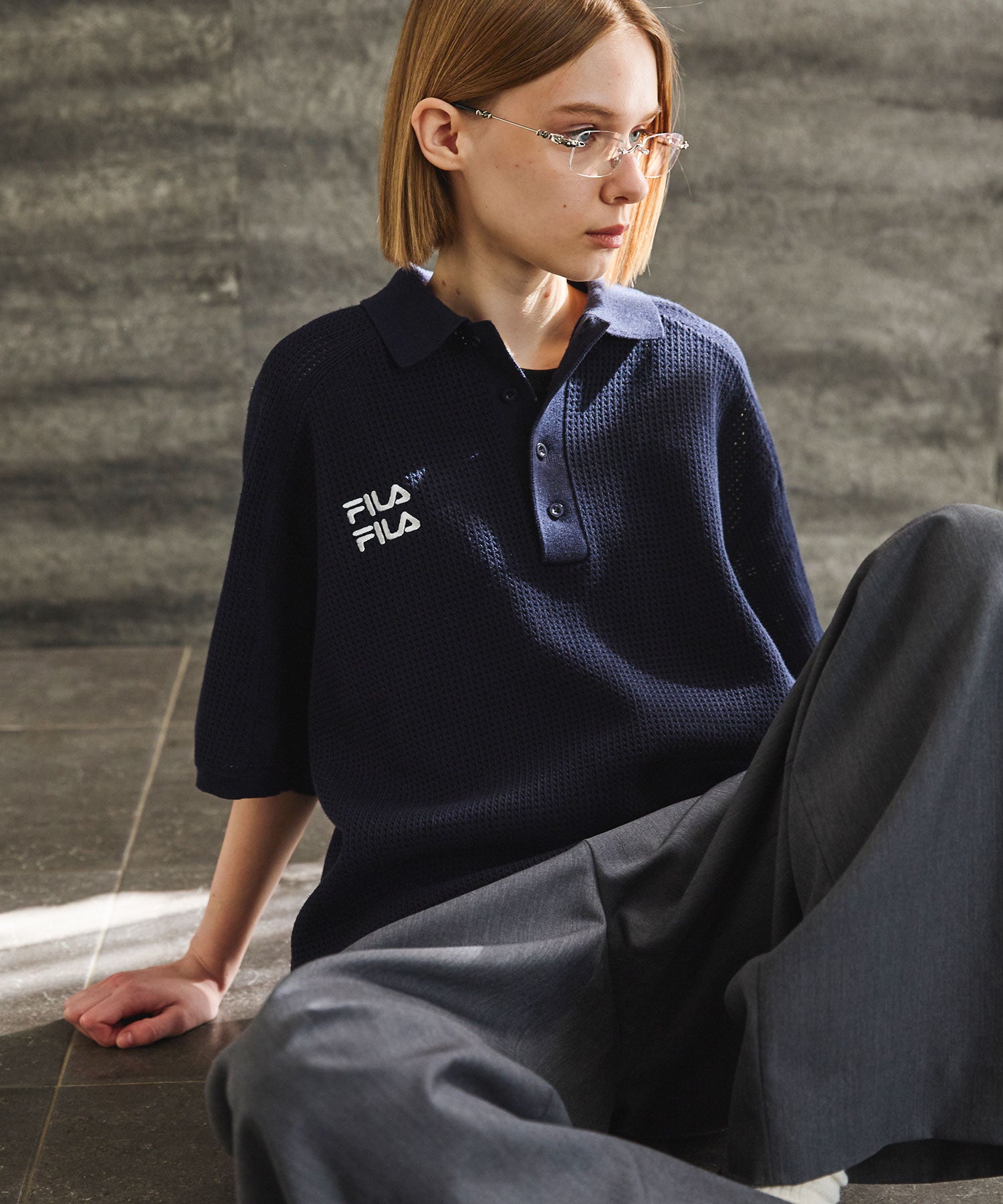 FILA×OPENING ACT] ワンポイントロゴコットンリネンメッシュニット